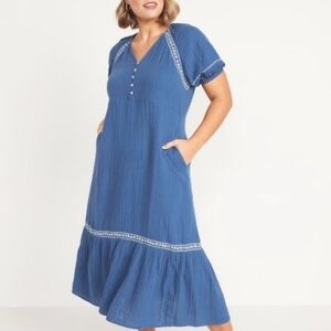 Old Navy Blue Crinkle Crepe Embroidered Peasant Boho Long Maxi Dress Plus Xxl